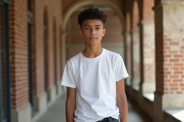 Aaron Nouchy, fils aîné de Jenifer, en portrait naturel contre un mur de briques à Paris, expression décontractée et authentique