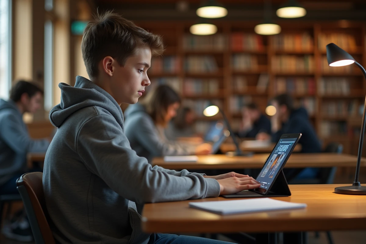 Adolescent regardant un film dans une bibliothèque
