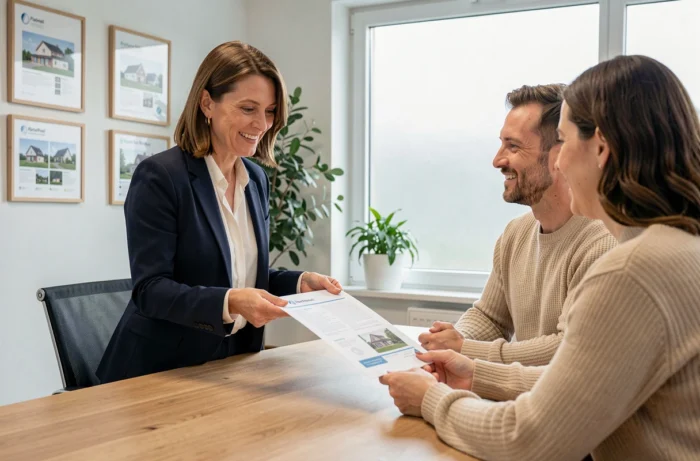 Agent immobilière présentant des documents de vente à un couple dans une agence immobilière à Plaintel