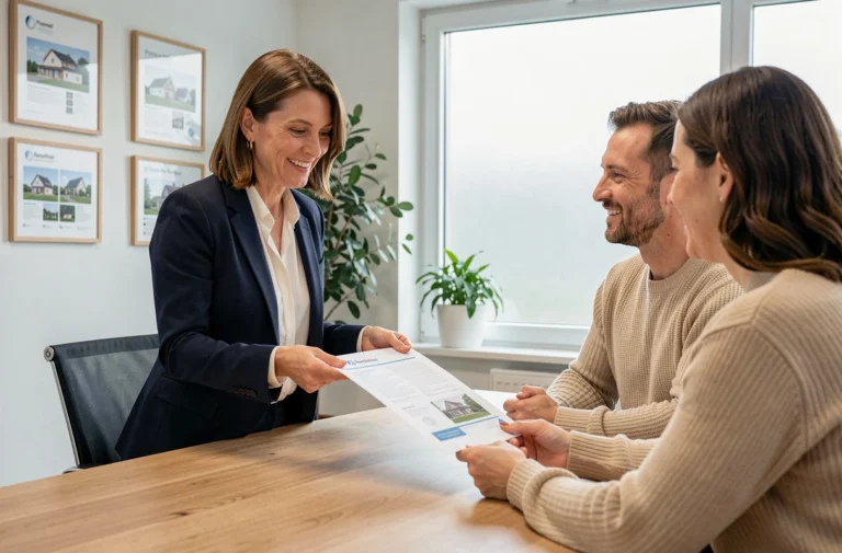Agent immobilière présentant des documents de vente à un couple dans une agence immobilière à Plaintel