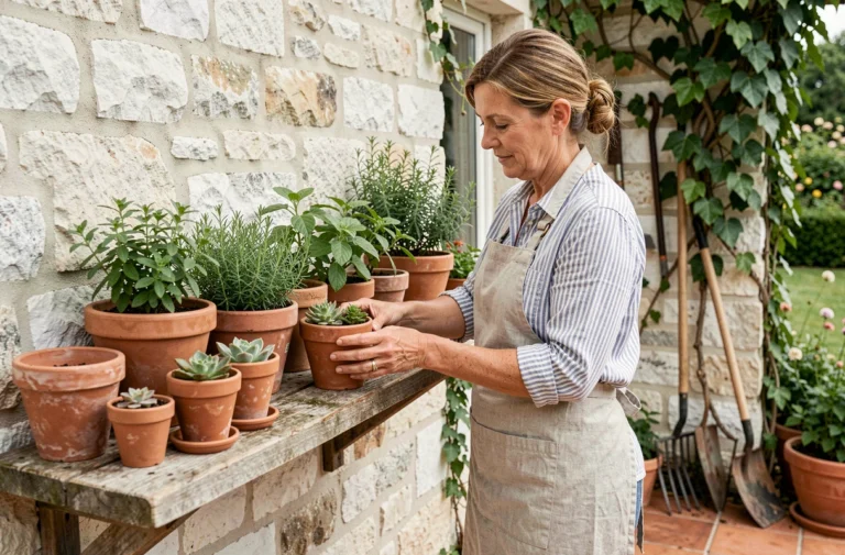 Femme arrangeant des plantes en pot sur une étagère en bois dans un jardin de style campagne française