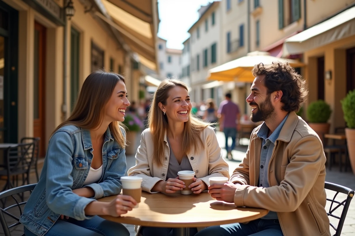 Trois amis riant dans un café en Provence en été