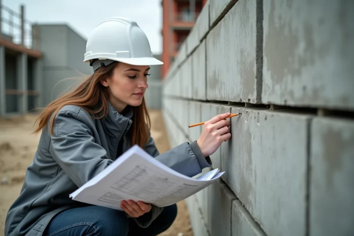 Architecte examinant un mur en agglo et parpaing sur un chantier urbain avec des plans techniques