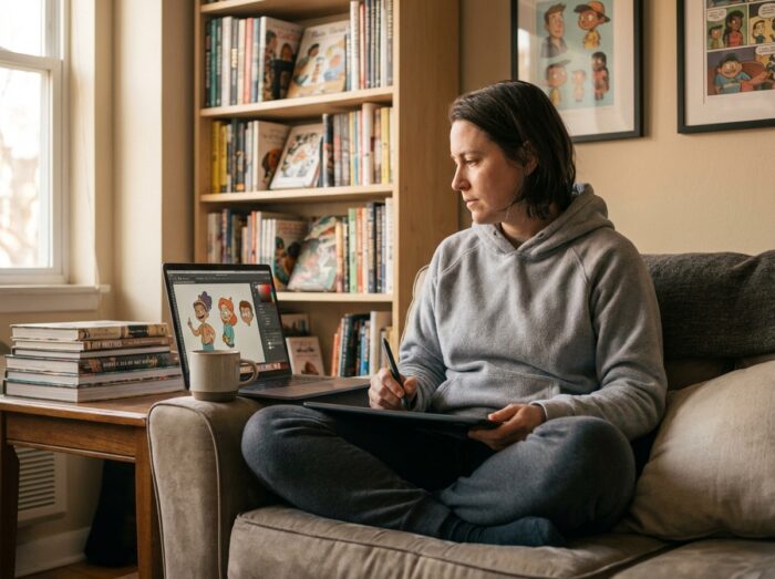 Artiste indépendant travaillant sur des personnages animés numériques depuis son appartement avec une tablette graphique