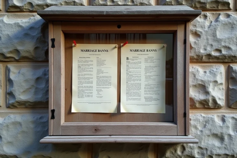 Tableau d'affichage des bans de mariage à la mairie de Saint-Malo avec documents officiels sur mur en pierre bretonne