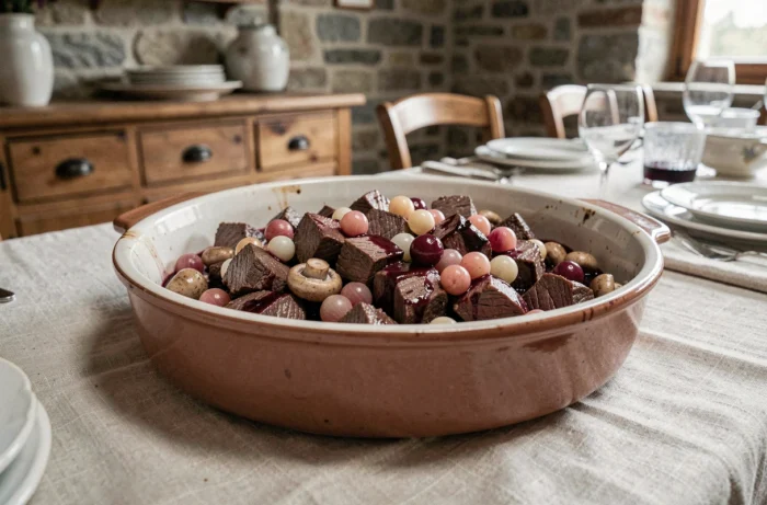Bœuf bourguignon traditionnel dans un plat en céramique sur une table dressée, recette française au vin rouge avec champignons et oignons grelots