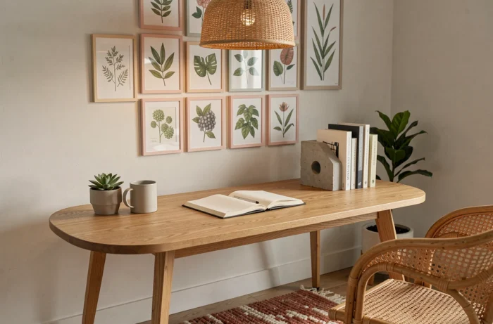 Coin bureau à domicile décoré avec bureau en chêne, suspension en rotin et mur de cadres botaniques selon les tendances déco actuelles