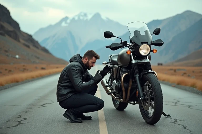 Motard inspectant le réservoir d'une moto d'aventure de grande capacité sur une route de montagne