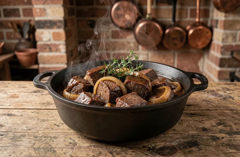 Carbonade flamande traditionnelle servie dans une cocotte en fonte sur une table en bois rustique, recette belge au bœuf mijoté à la bière brune