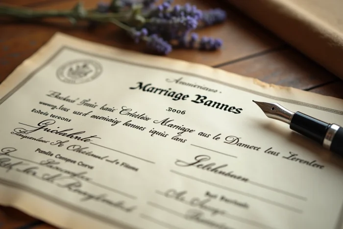 Gros plan sur un certificat de publication de bans de mariage officiel avec tampon municipal et stylo plume sur bureau en bois