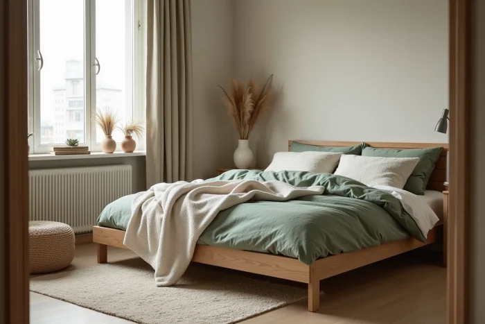 Chambre cocooning de style scandinave avec literie en lin, coussins texturés et plantes séchées