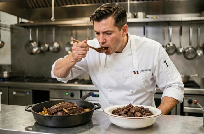 Chef cuisinier comparant la carbonade flamande et le bœuf bourguignon dans une cuisine professionnelle, duel de recettes traditionnelles françaises et belges