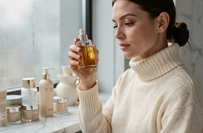 Femme examinant un sérum de luxe dans une salle de bain minimaliste en marbre, pour choisir les meilleurs cosmétiques haut de gamme