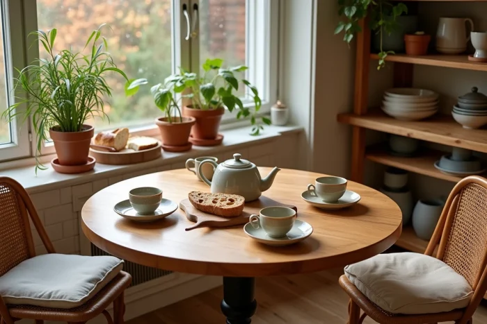 Coin cuisine convivial avec table en bois, vaisselle artisanale et théière en fonte pour une ambiance maison chaleureuse