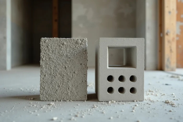 Comparaison visuelle entre un bloc agglo et un parpaing creux posés sur un sol en béton brut