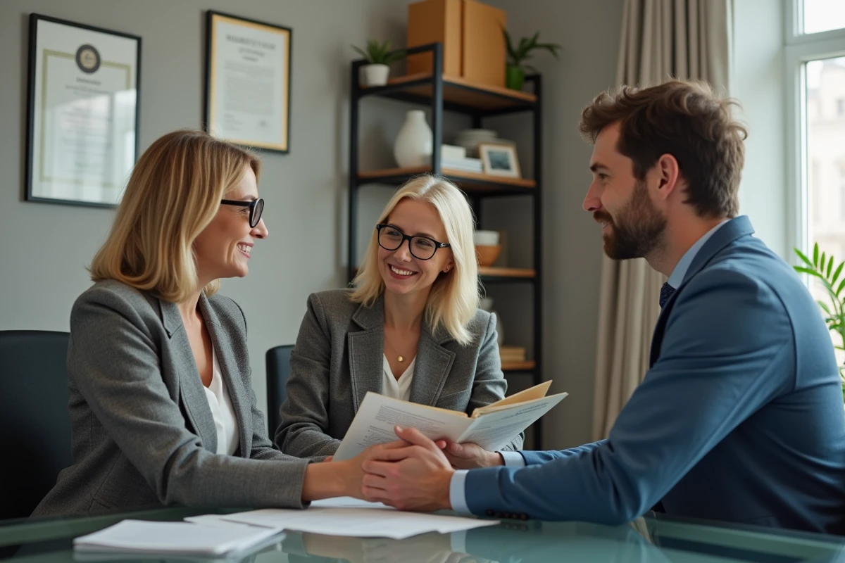 Conseillère en assurance discutant avec un couple au bureau