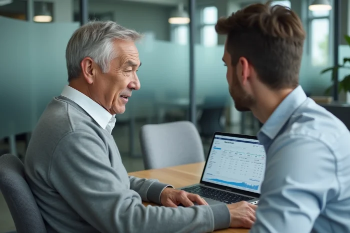 Un homme proche de la retraite en consultation avec un conseiller RH pour calculer son solde de tout compte
