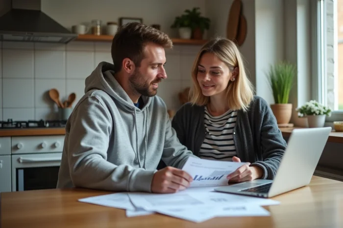 Couple analysant leur budget mensuel à domicile, questionnant si 1800 euros net par mois est suffisant pour vivre