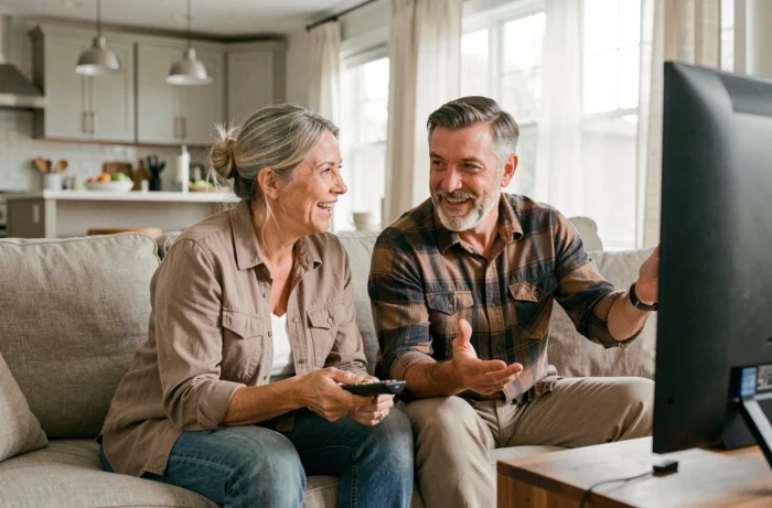Couple de quinquagénaires discutant du choix d'un programme TV en tenant une télécommande dans leur salon, illustrant comment sélectionner une émission selon ses envies