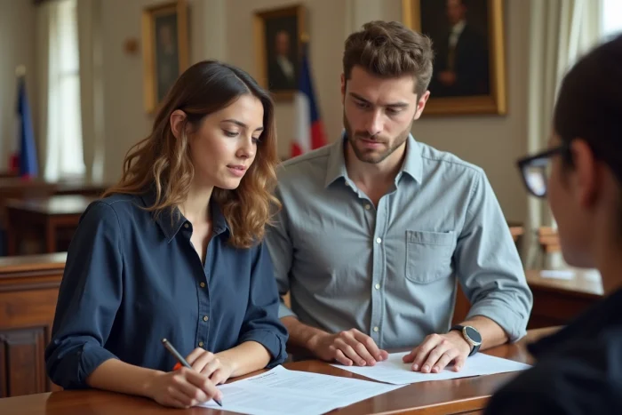 Couple déposant un dossier de publication de bans de mariage au guichet d'une mairie française