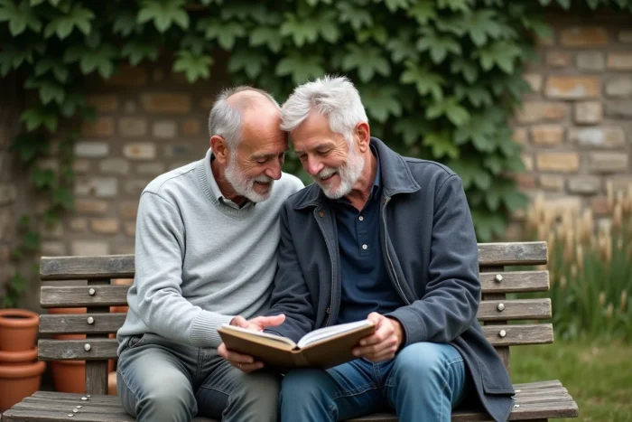 Deux hommes partageant un moment complice et touchant assis sur un banc en bois à la campagne