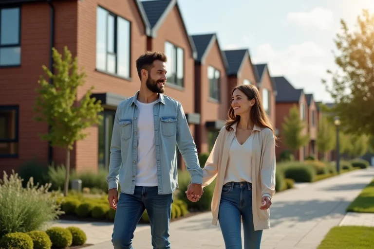Jeune couple souriant devant leur maison moderne neuve