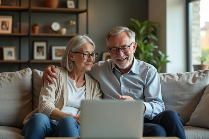 Couple de quinquagénaires qui planifient ensemble leur retraite en calculant une pension mensuelle de 1700 euros net