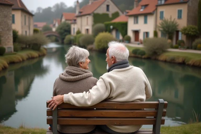 Couple souriant sur un banc au bord de la rivière en France