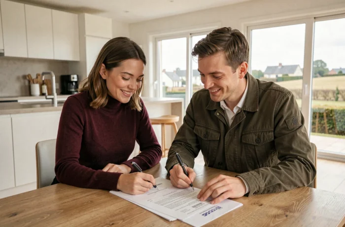 Jeune couple signant un contrat d'achat immobilier dans un appartement moderne en Bretagne