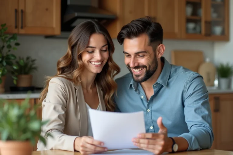 Jeune couple souriant examinant documents d'assurance santé