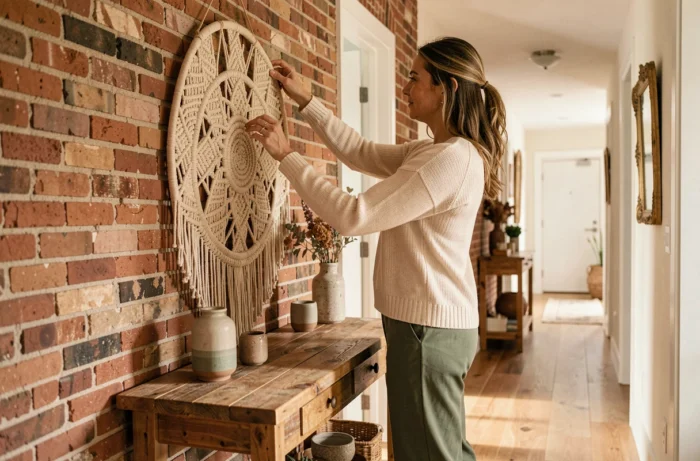 Femme accrochant une décoration murale en macramé dans un couloir intérieur bohème et chaleureux