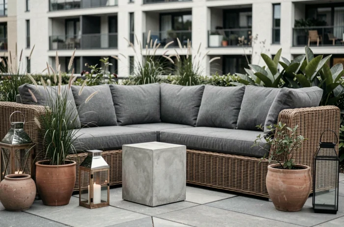 Terrasse extérieure aménagée avec canapé en rotin, table en béton et lanternes décoratives