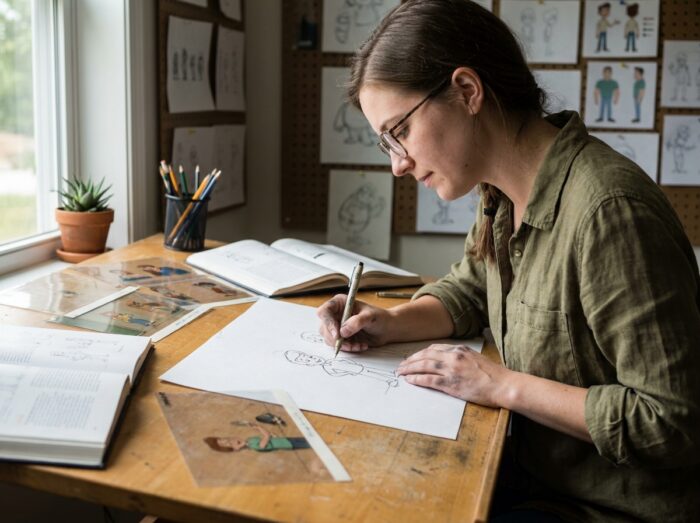 Jeune dessinatrice animatrice travaillant sur des croquis de personnages dans son studio créatif à domicile
