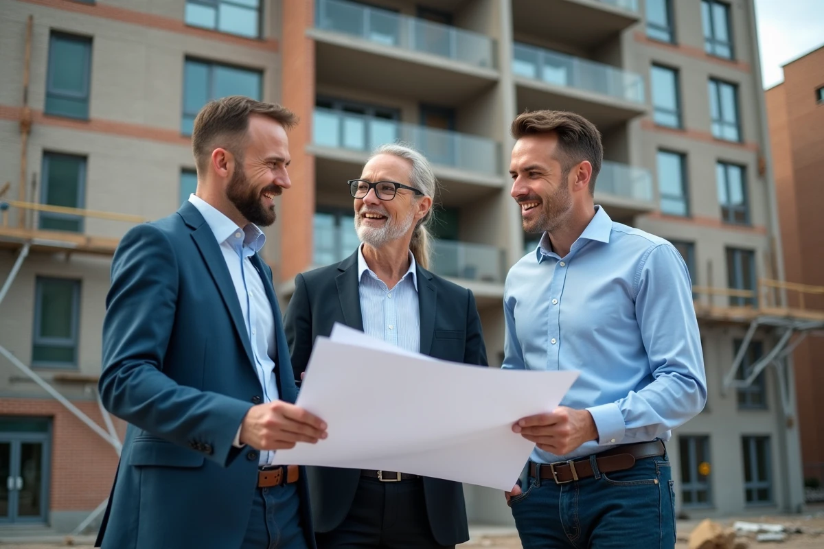 Groupe de professionnels discutant sur un chantier immobilier