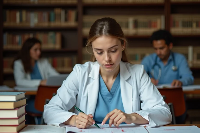 Étudiante en médecine concentrée sur ses études dans une bibliothèque universitaire médicale avec manuels d'anatomie