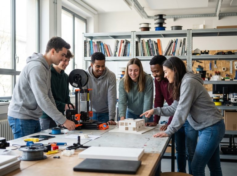 Groupe d'étudiants autour d'une imprimante 3D en classe