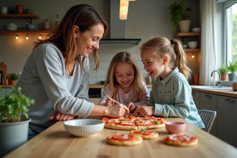 Mère et enfants décorant des mini pizzas dans une cuisine chaleureuse