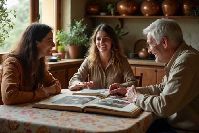 Trois membres d'une famille réunis autour d'albums photos anciens dans une cuisine traditionnelle, évoquant les racines et l'histoire familiale