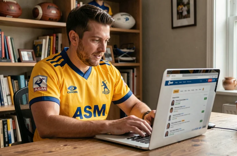 Fan de l'ASM Clermont consultant un forum de rugby sur son ordinateur portable dans un bureau à domicile