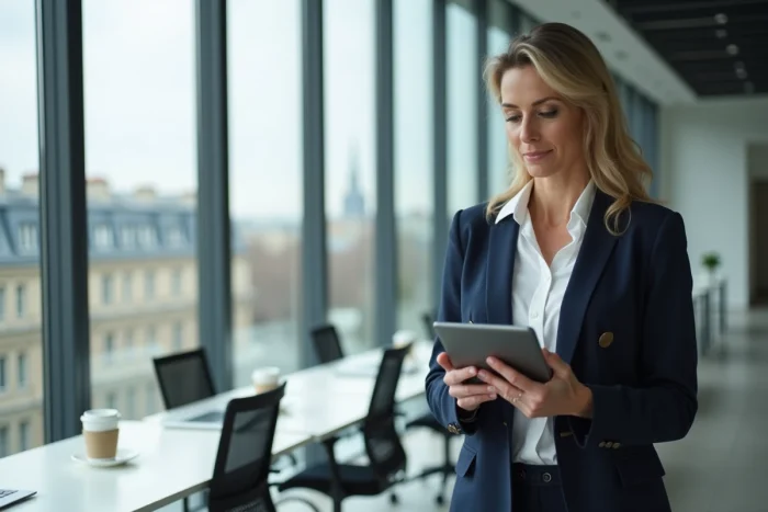 Femme d'affaires française en blazer marine consultant une tablette dans un bureau moderne à Paris, tendances actualités monde des affaires France