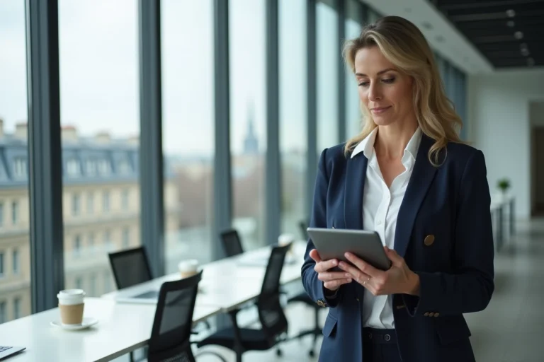 Femme d'affaires française en blazer marine consultant une tablette dans un bureau moderne à Paris, tendances actualités monde des affaires France