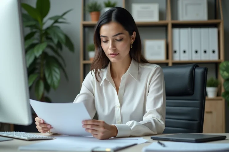 Jeune femme d'affaires examine des documents financiers