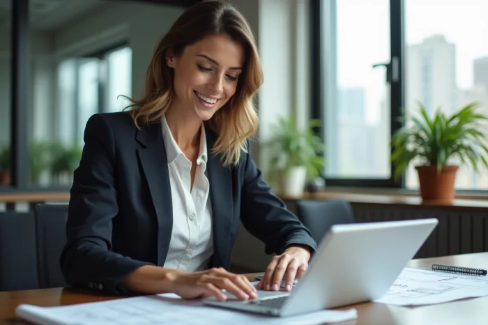 Femme d'affaires confiante travaillant sur des plans immobiliers
