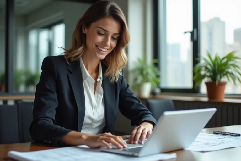 Femme d'affaires confiante travaillant sur des plans immobiliers