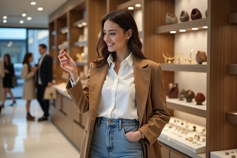 Femme élégante examine des boucles d'oreilles en boutique