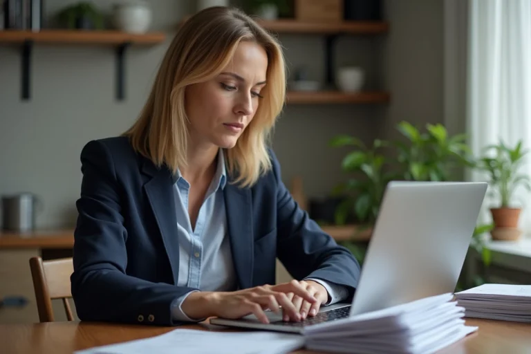 Femme concentrée travaillant avec documents et ordinateur