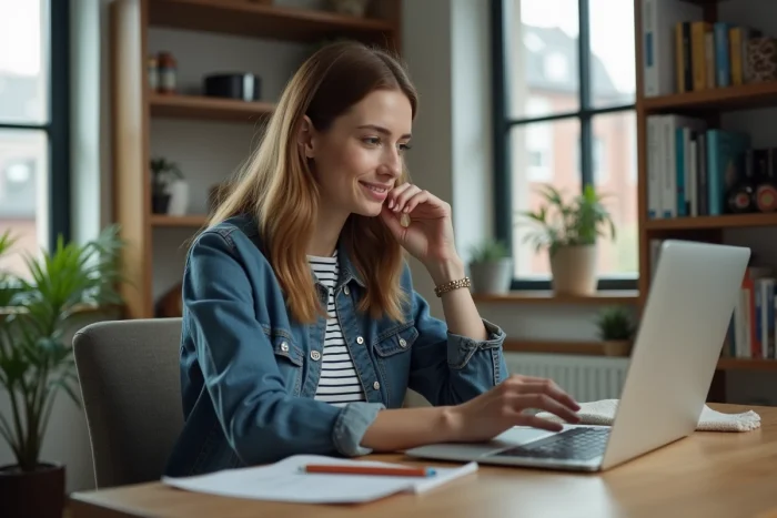 Femme en denim dans un bureau moderne et lumineux
