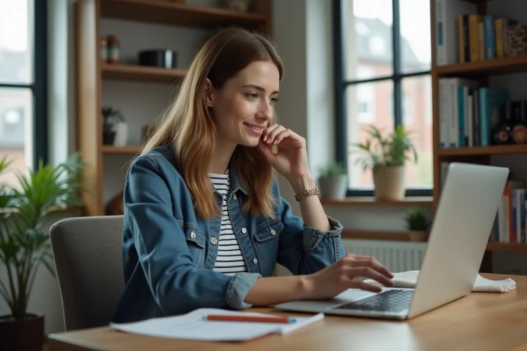 Femme en denim dans un bureau moderne et lumineux
