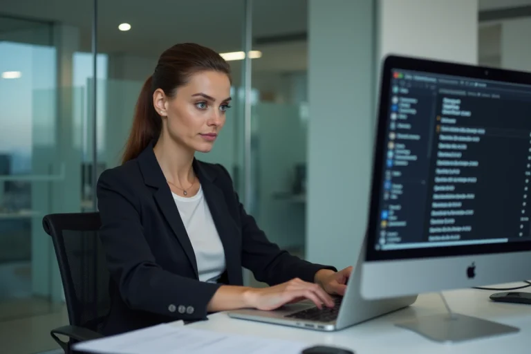 Femme d affaires vérifiant ses emails au bureau