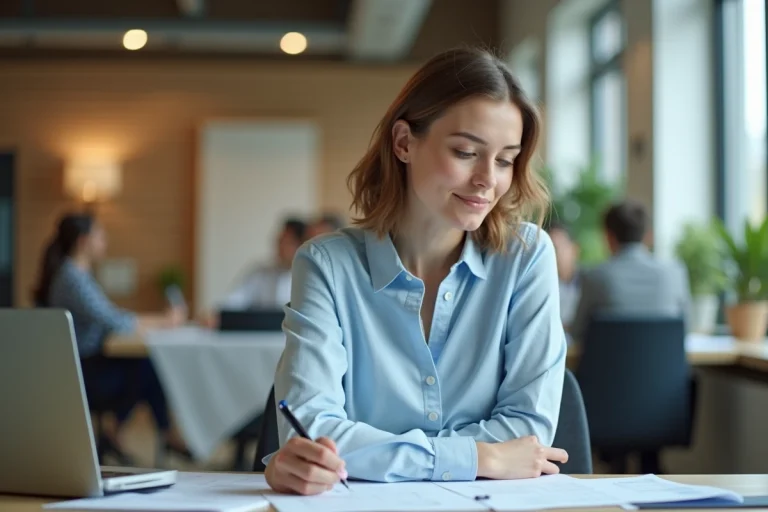 Femme cadre intermédiaire travaillant dans un bureau moderne, illustrant un salaire de 1800 euros net par mois